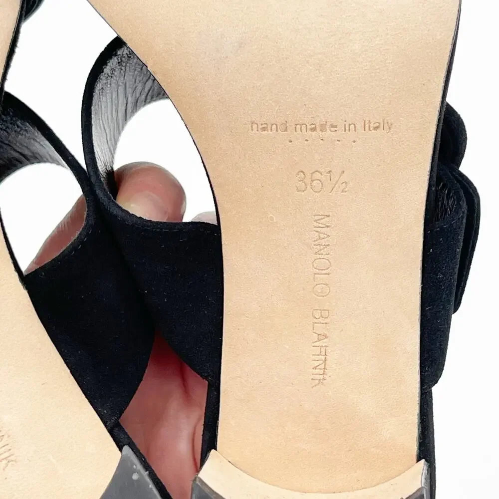 Manolo Blahnik Titubanew Black Suede Open Toe Buckle Mule Sandals Heels IT 36.5